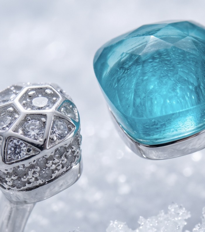 Angelina 4.9 carat authentic Aquamarine .925 Sterling Silver Handcrafted Ring size 6 1/4 - Close-up of aquamarine ring in sterling silver with diamond accents.