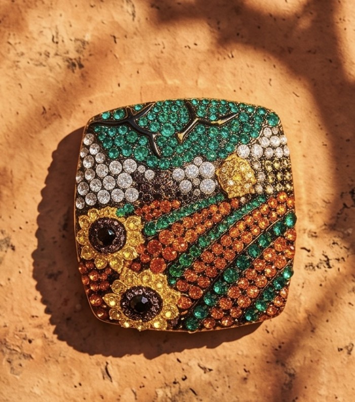 Peaceful Village - LARGE Authentic 8.8 carat pave Multigem .925 Sterling Silver brilliantly dipped in 22K Gold handcrafted Statement ring; s. 7 - Top view of Peaceful Village multigem jewelry piece on textured surface