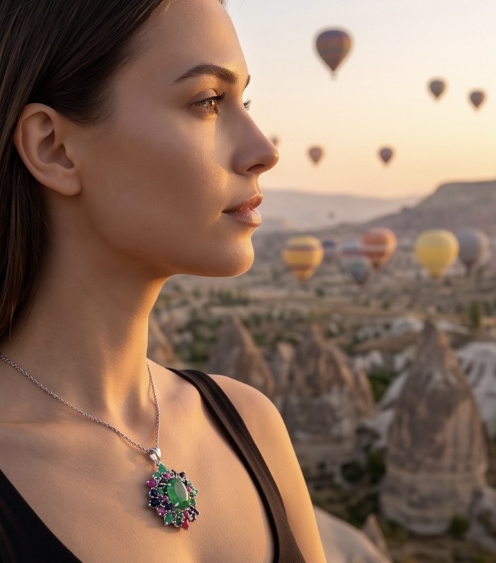 Tiffany - Authentic 8.5 carat Emerald 18K Gold over .925 Sterling Silver handmade Statement Pendant - Side view of model wearing Tiffany 8.5 carat emerald necklace, balloons behind.