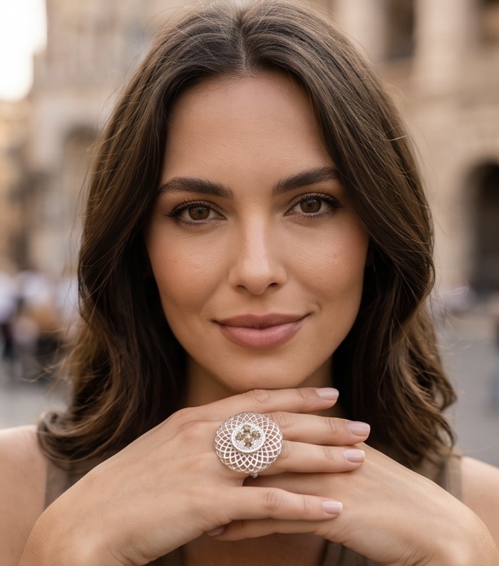 Casablanca Italy made .925 Sterling Silver brilliantly handcrafted ring s. 8 - Woman wearing Casablanca .925 silver ring, close-up on hand and face.