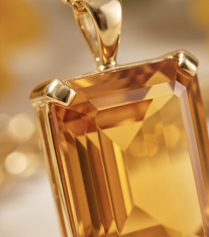 Baquette cut 28.4 carat Lemon Quartz 18K Gold over .925 Sterling Silver handcrafted pendant - Stone close-up of lemon quartz pendant in gold setting.