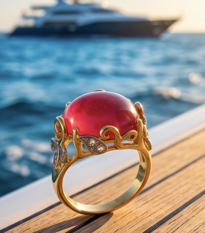 Emily 10.9 carat Mozambique Ruby .925 Sterling Silver dipped in 22K Gold handmade Statement Ring size 7 - Close-up of Emily ring with 10.9ct Mozambique ruby, yacht in background