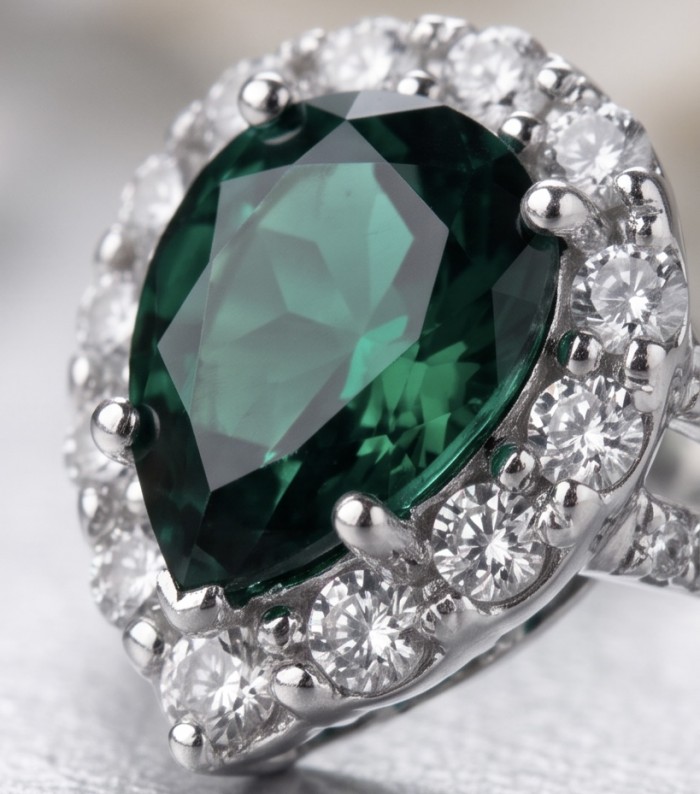 Estelle - Authentic 2.9 carat COLOMBIAN EMERALD rhodium over .925 Sterling Silver handcrafted Ring size 7 - Emerald ring close-up with diamond halo, Estelle 2.9 carat Colombian Emerald.