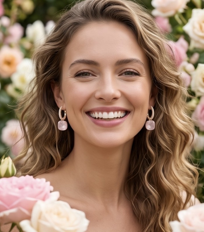 The Love Stone - Authentic 5.9 carat Rose Quartz .925 Sterling Silver luxuriously dipped in 22K Rose Gold handmade earrings - Model wearing The Love Stone earrings in garden setting.