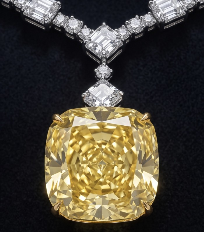 Iconic design - RARE BEAUTY - Valentina 108.2 carat asscher cut Yellow Sapphire .925 Sterling Silver dipped in rhodium Statement Necklace - Close-up of a yellow diamond necklace with detailed stone settings.