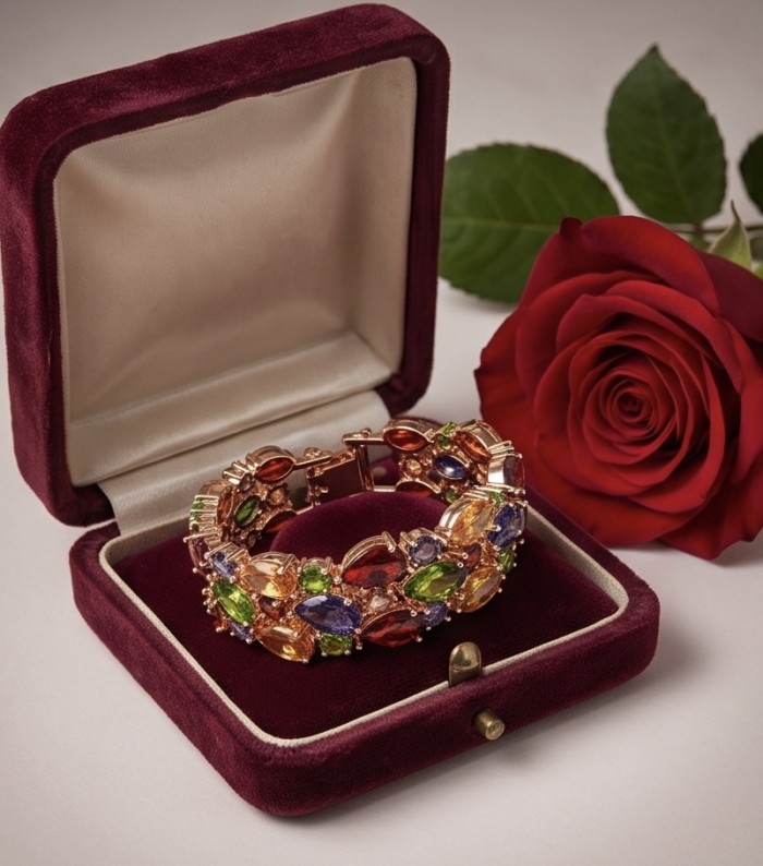 Tutti Frutti 125.5 CARAT MULTIGEM 14k Gold over .925 Sterling Silver brilliantly handcrafted Bracelet - Multigem bracelet in velvet box with rose, top view.