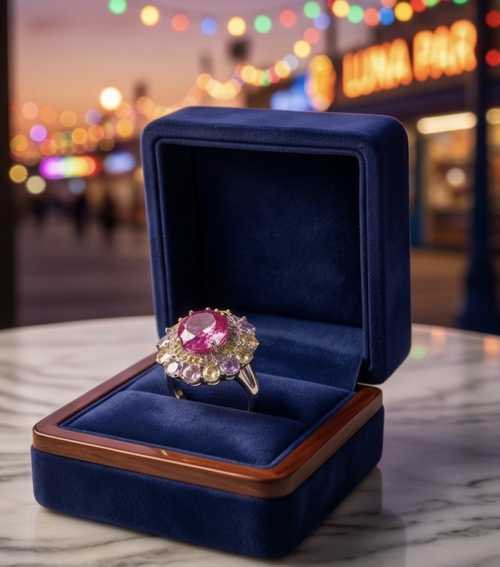 Anastasia 25.2 carat Pink Sapphire .925 Sterling Silver dipped in Rhodium Handcrafted Statement Ring size 7 - Ring close-up in box, pink sapphire centerpiece, Luna Park lights behind