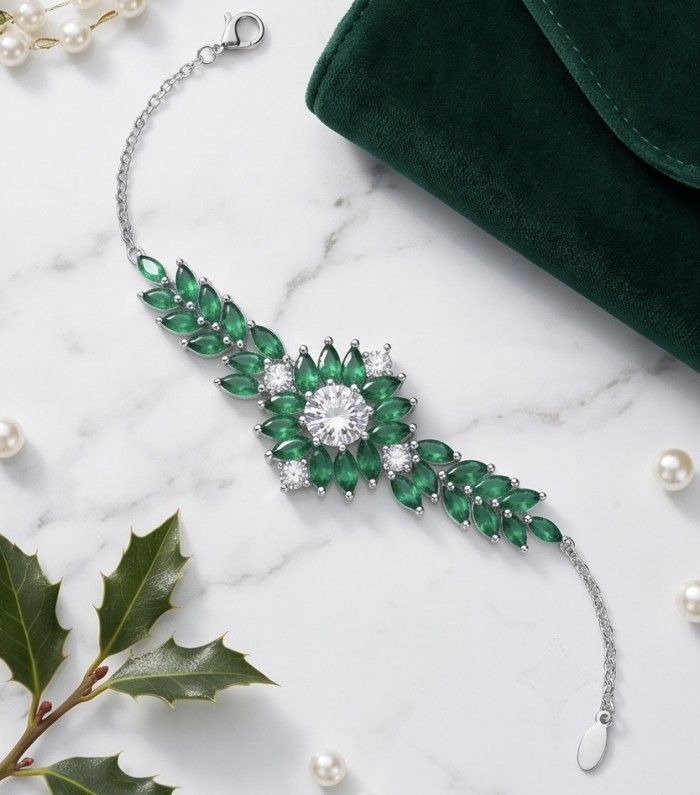 Giovanna - Authentic 10.9 carat COLOMBIAN EMERALD .925 Sterling Silver handcrafted bracelet - Giovanna bracelet top view with Colombian emeralds and white stones.