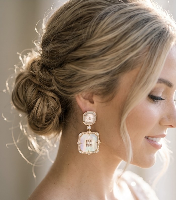 Luxurious Genuine Blister Pearl 0.4 CARAT lab grown Diamond 18K Gold over .925 Sterling Silver handcrafted Statement Earrings - Side view of earrings with blister pearl and diamond worn on ear