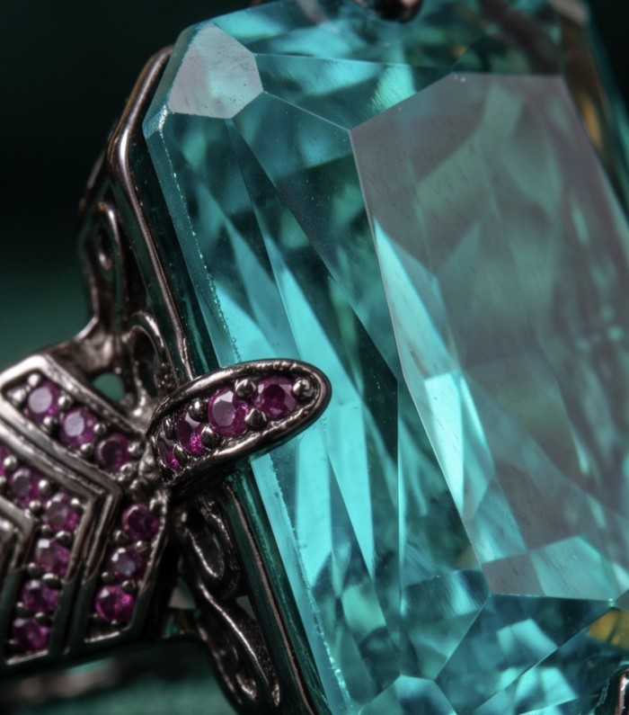 Authentic 24.1 carat Aquamarine Black rhodium over .925 Sterling Silver Handcrafted Ring size 7 - Close-up of aquamarine and ruby accents on black rhodium setting.