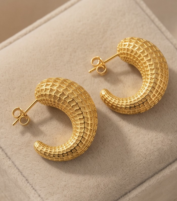 Dubai Style - .925 Sterling Silver dipped in 22K Gold handmade Earrings - Gold textured earrings, close-up view on display cushion