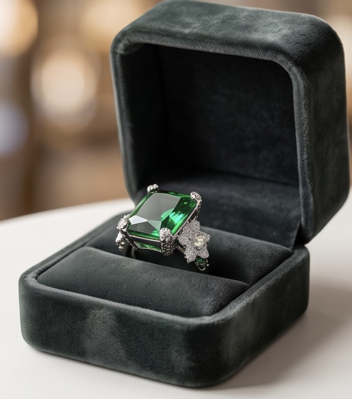 Green Royalty Natural 18.6 carat Chrome Diopside .925 Sterling Silver dippedin rhodium Solid ring size 6 - Emerald-cut green chrome diopside ring in velvet box, close-up view
