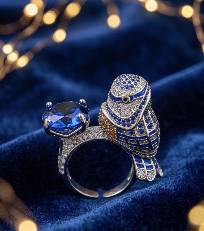 Blue Bird 6.8 carat genuine Sapphire .925 Sterling Silver dipped in Rhodium Ring size 7 - Side view of Blue Bird 6.8 carat Sapphire sterling silver ring