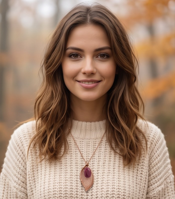 REAL Leaf dipped in copper Ruby stone & .925 Sterling Silver Pendant - Leaf necklace with ruby stone worn on person in fall setting