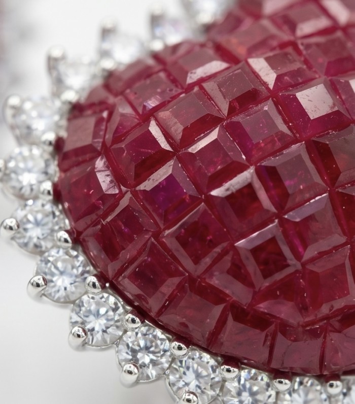 Precious Angel's Hearts mystery setting 11.8 carat Ruby .925 Sterling Silver earrings - Close-up of Precious Angel's Hearts Ruby stone with diamond accents.