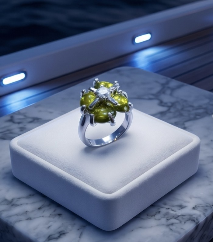 Clover 7.9 carat authentic Himalayan Peridot .925 Sterling Silver Handcrafted Statement Ring size 6 - Ring on marble display with green stones, 7.9 ct Himalayan Peridot.