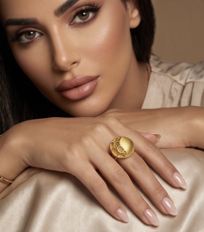 Dubai Style .925 Sterling Silver dipped in 22K Gold handmade Large ring size 9 - Woman wearing gold ring on hand, close-up view.
