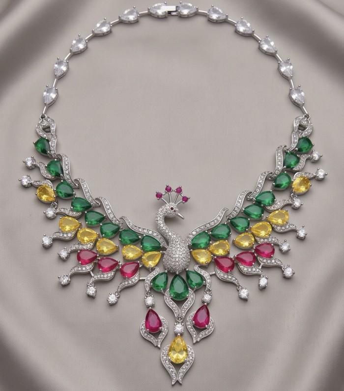 55.2 carat Graceful Swan Natural multicolot Topaz .925 Sterling Silver handcrafted Statement necklace - Necklace with swan design, multicolor gemstones, frontal view.