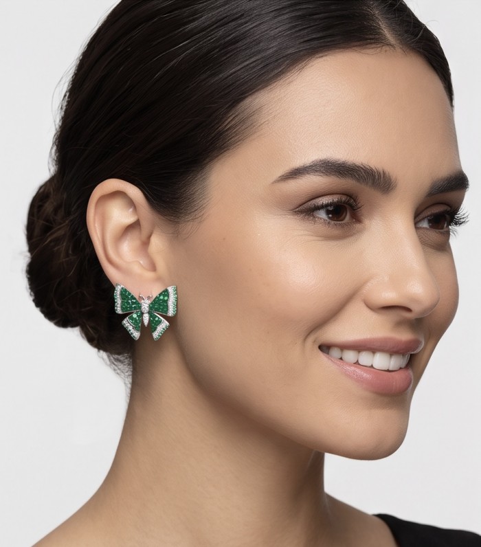 Incredible green Butterflies genuine mysery setting 11.5 CARAT Emerald .925 Sterling Silver handcrafted Earrings - Side view of green butterfly earrings worn on ear
