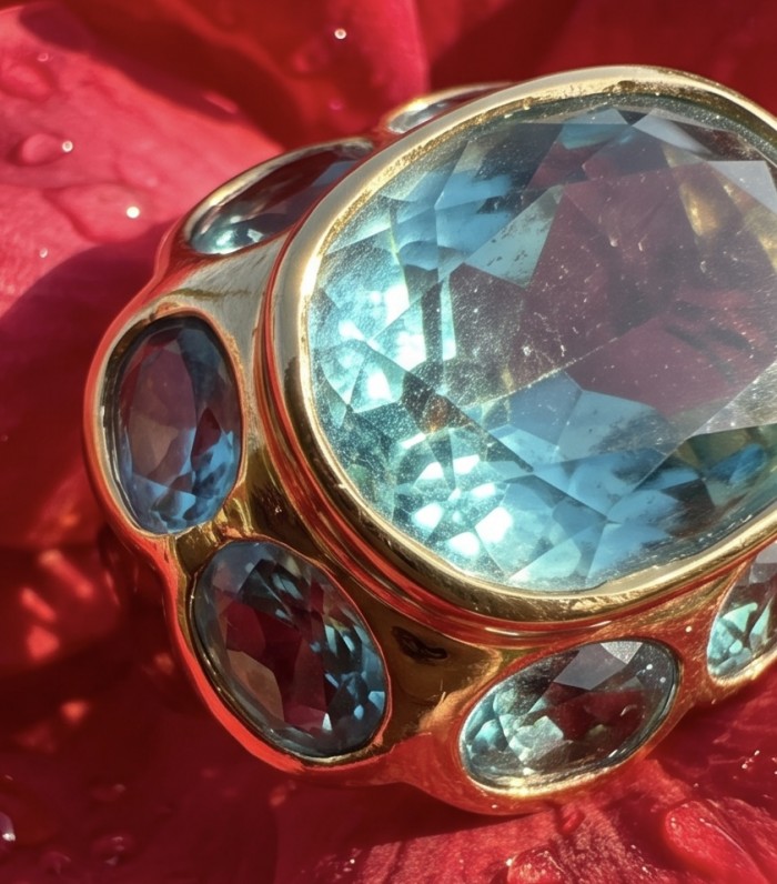 Oceania 18.3 carat Swiss Blue Topaz .925 Sterling Silver dipped in 22K Gold handcrafted ring size 8 1/4 - Close-up of Oceania Swiss Blue Topaz ring on a red flower background.
