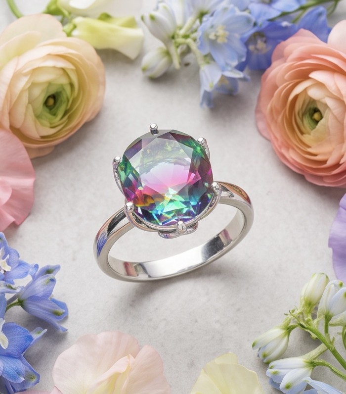7.8 carat Brazilian Tourmaline .925 Sterling Silver Perfectly handcrafted Ring s. 7 - Close-up of 7.8 carat Brazilian Tourmaline ring with flowers