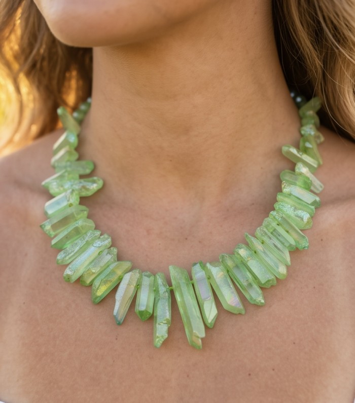 Mint-Green Halite Crystal Cluster .925 Sterling Silver handmade Necklace - Mint-green halite crystal necklace worn around neck, close-up view.