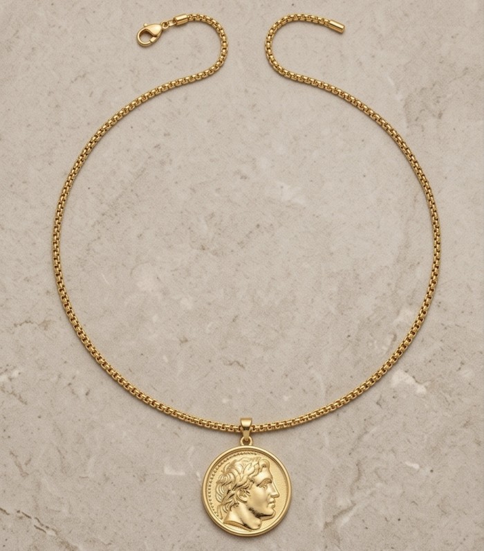 Ave Caesar - Vintage Style Coin .925 Sterling silver and plated with 14K Gold handcrafted necklace - Ave Caesar coin necklace, gold, top view on textured surface.