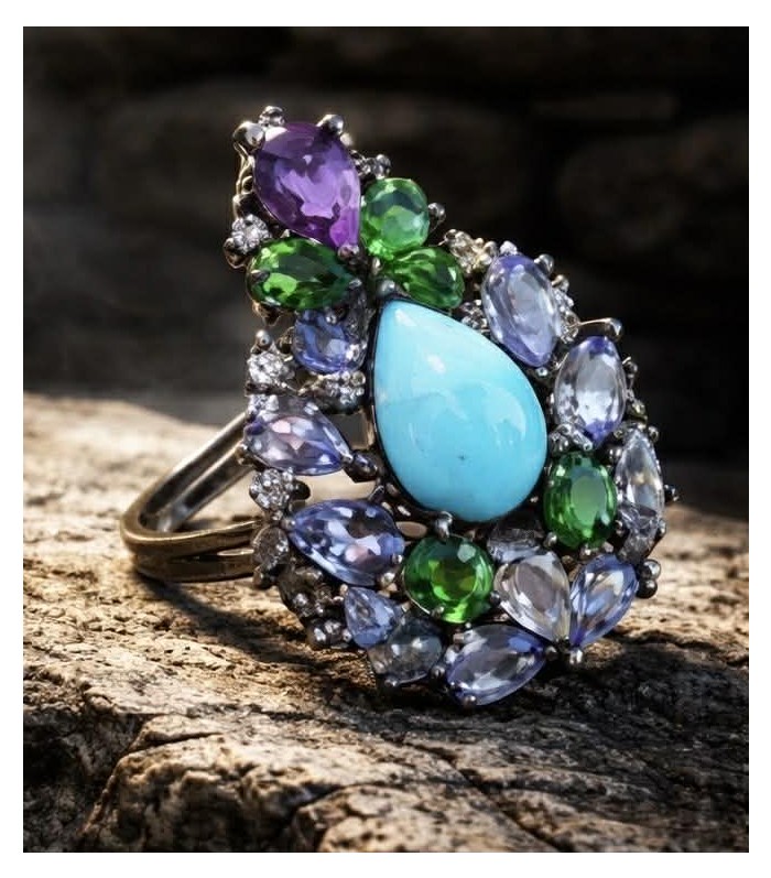 Victoria Natural 4.5 carat Larimar from Dominican Republic Tanzanite .925 Sterling Silver dipped in black rhodium handcrafted size 6 1/4 - Colorful gemstone ring with larimar close-up on rustic surface.
