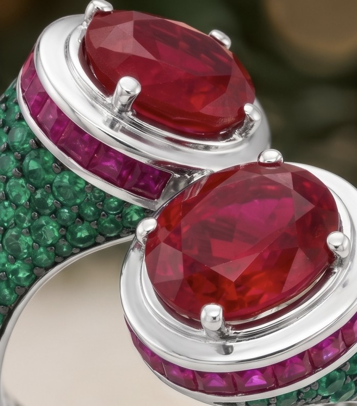 Giovanna Natural 8.6 carat Ruby pave Emerald .925 Sterling Silver dipped rhodium handmade Statement Ring size 6 1/4 - Close-up of Giovanna Ruby and Emerald ring in sterling silver.