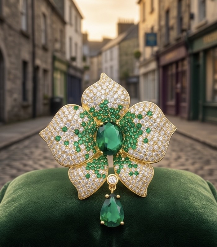 Heirloom Genuine 18.5 carat Colombian Emerald .925 Sterling Silver handmade Brooch - Emerald brooch on velvet cushion, street background, front view.