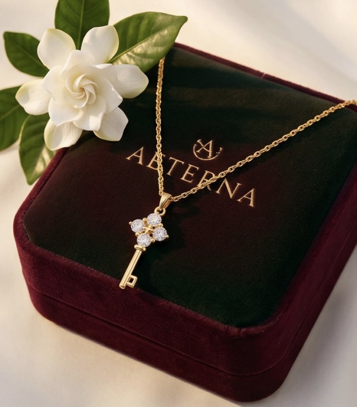 Magic Key - 3.8 carat White Topaz 14K Gold over .925 Sterling Silver handcrafted necklace - Gold key necklace with topaz on velvet box, top view.
