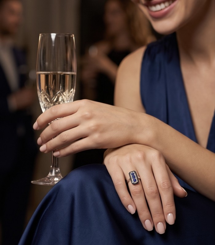 Art Deco 6.2 carat Sapphire black enamel .925 Sterling Silver handcrafted Ring size 6 1/4 - Sapphire ring on hand holding a champagne flute.