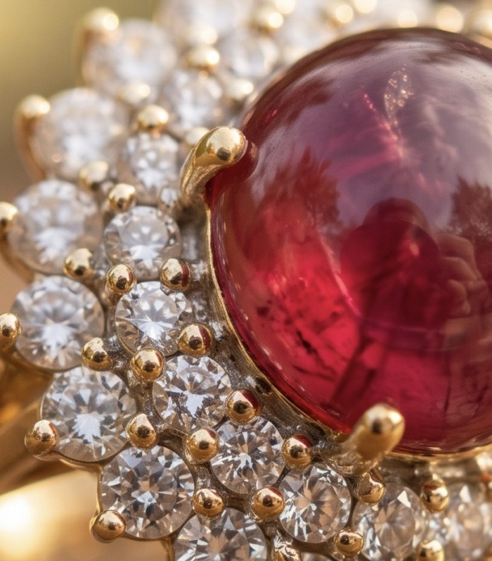 Francesca Authentic 10.9 carat Mozambique Ruby .925 Sterling Silver brilliantly handcrafted Statement Statement ring; s. 7 - Ruby and diamond close-up, Francesca 10.9 ct Mozambique ring detail