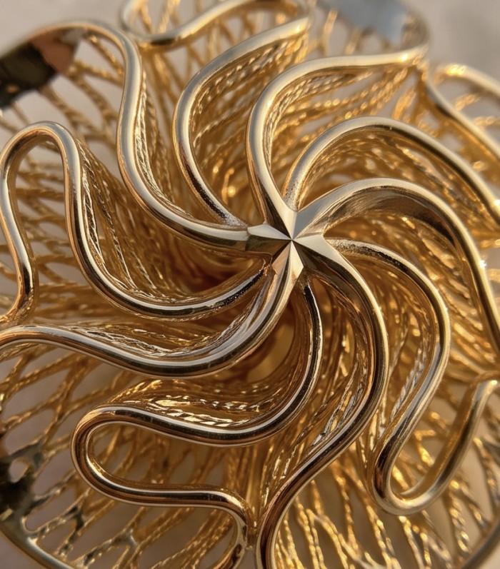 Golden RosesDubai Style - .925 Sterling Silver dipped in 22K Gold handmade Earrings - Close-up of intricate golden swirl design on jewelry piece.
