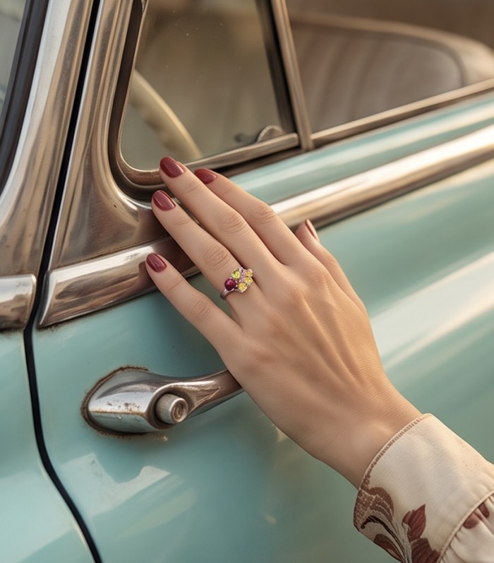Juicy Gems 4.8 carat Multigem rhodium over .925 Sterling Silver Handcrafted Ring size 8 - Ring with multigem detail, worn on hand, near vintage car handle.