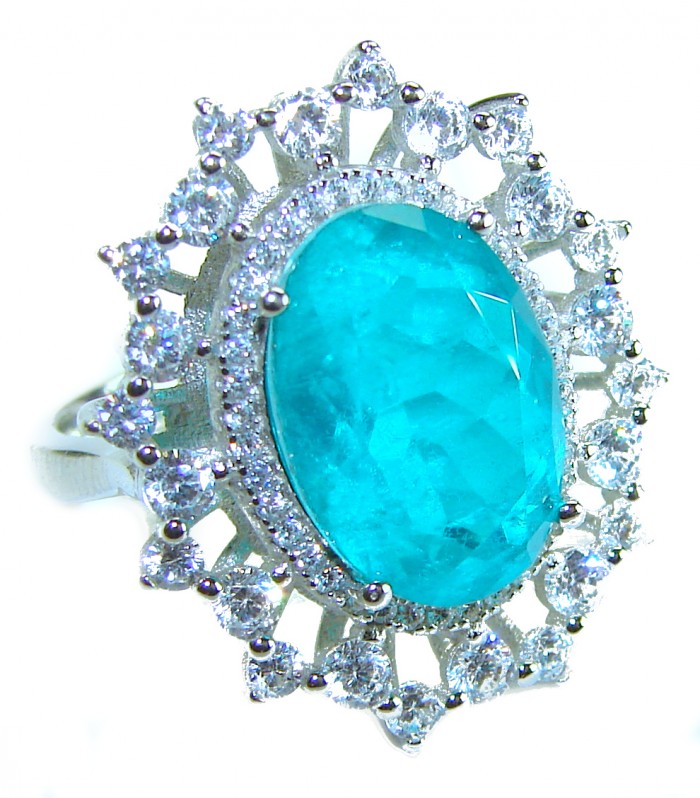 Born to Glam authentic 9.8 carat Colombian Emerald .925 Sterling Silver handcrafted Statement Ring size 6 1/2 - Emerald ring with diamond halo close-up, showcasing exquisite details