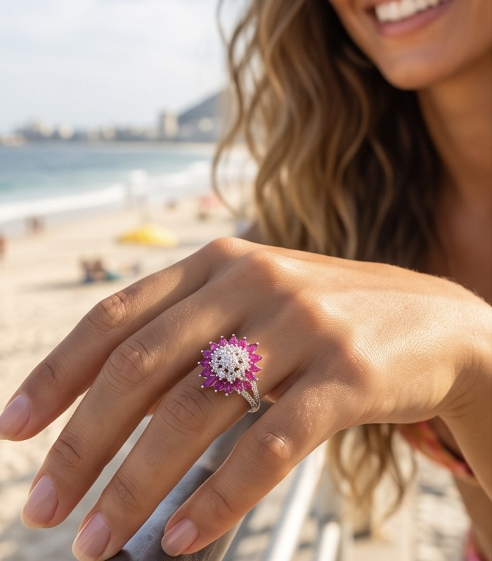 Scarlett 2.4 ctw Mozambique Ruby .925 Sterling Silver handcrafted Statement Ring size 8 - Mozambique ruby ring on hand, close-up by the beach.