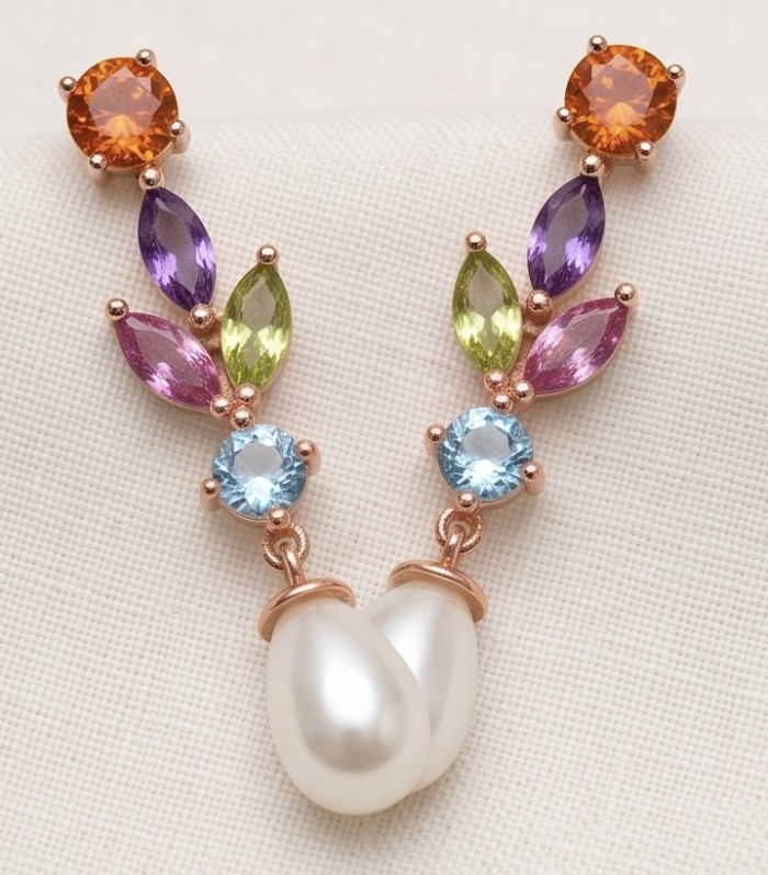 Giovanna - Authentic 4.5 carat Multigem 14K Rose Gold over .925 Sterling Silver handcrafted earrings - Colorful multigem earrings with pearls on fabric background, front view