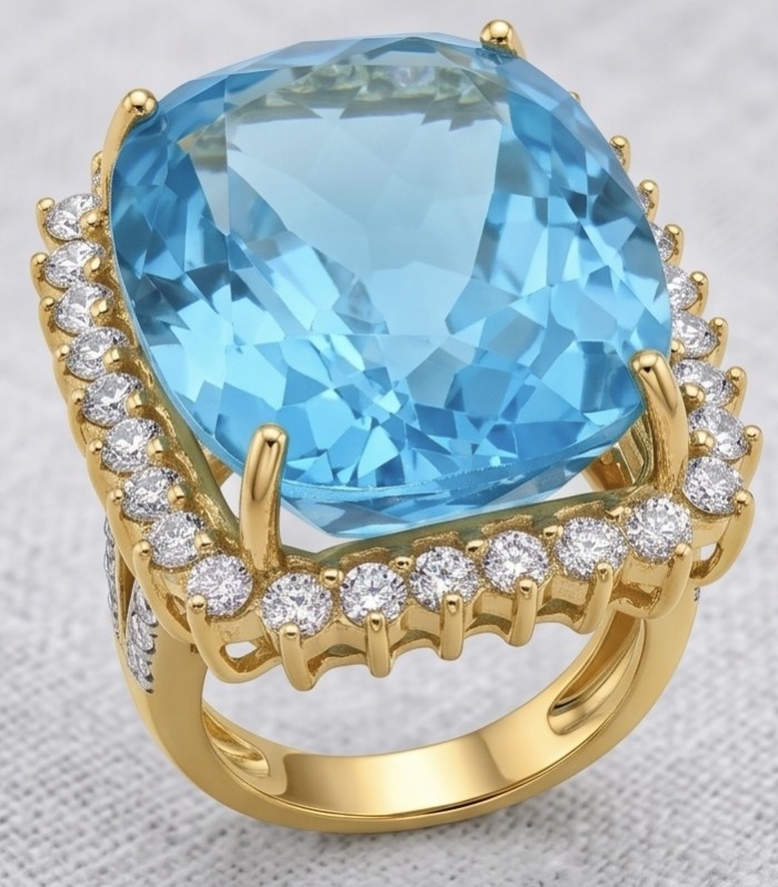 The Ocean Empress 57.8 carat Swiss Blue Topaz 22K Gold over .925 Sterling Silver dipped in rhodium handcrafted ring size 6 - Close-up of The Ocean Empress ring with blue topaz and diamond accents.