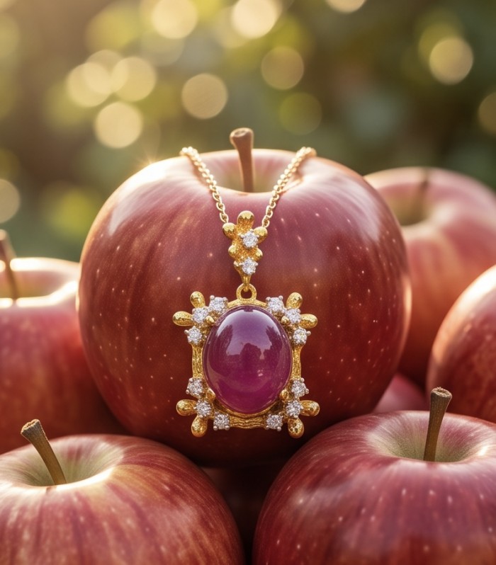 Rare finding - Deluxe 27.2 carat authentic Mozambique Ruby 22K Gold over .925 Sterling Silver handmade Statement Pendant - Ruby necklace on red apples, showcasing the stone in natural light.
