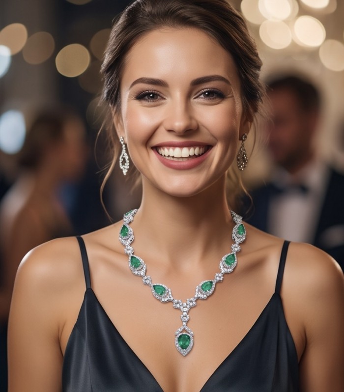Vintage style- 10.5 carat authentic Tsavorite Garnet .925 Sterling Silver handcrafted necklace - Woman wearing vintage style Tsavorite garnet necklace and earrings.