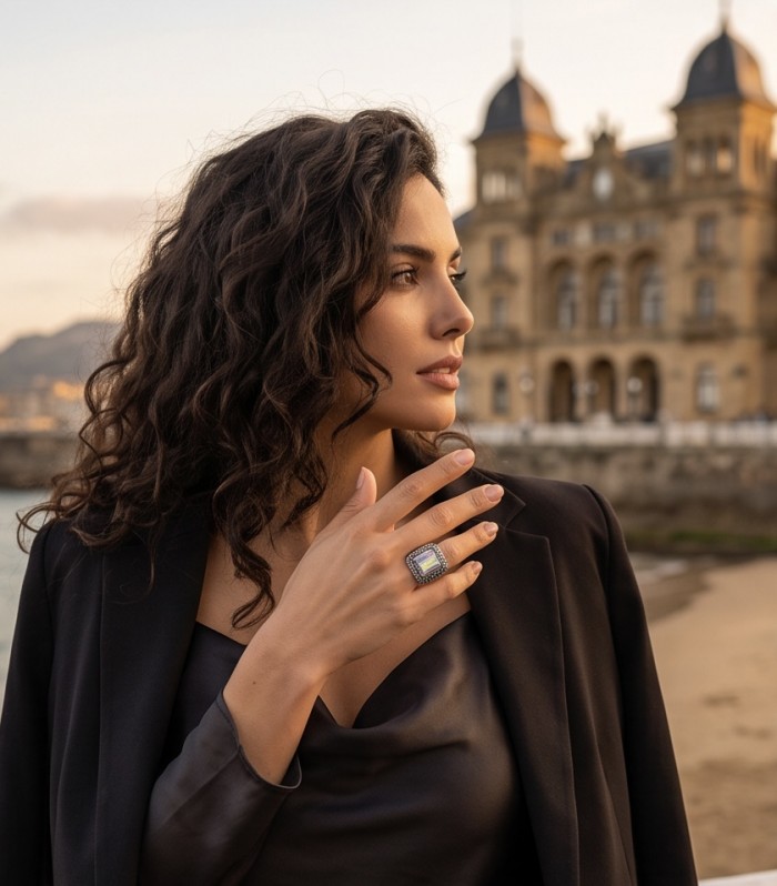 Big Dreamer Massive 25.8 carat Mystic Topaz .925 Sterling Silver handcrafted Large ring size 8 - Elegant side view of Mystic Topaz ring worn on hand, with scenic backdrop.