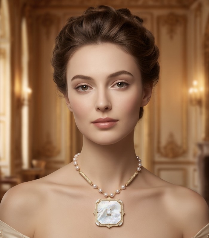 Precious natural creamy Blister Pearl 5.2 carat White Sapphire 18K Gold over .925 Sterling Silver Necklace - Woman wearing necklace with Blister Pearl and White Sapphire centerpiece.