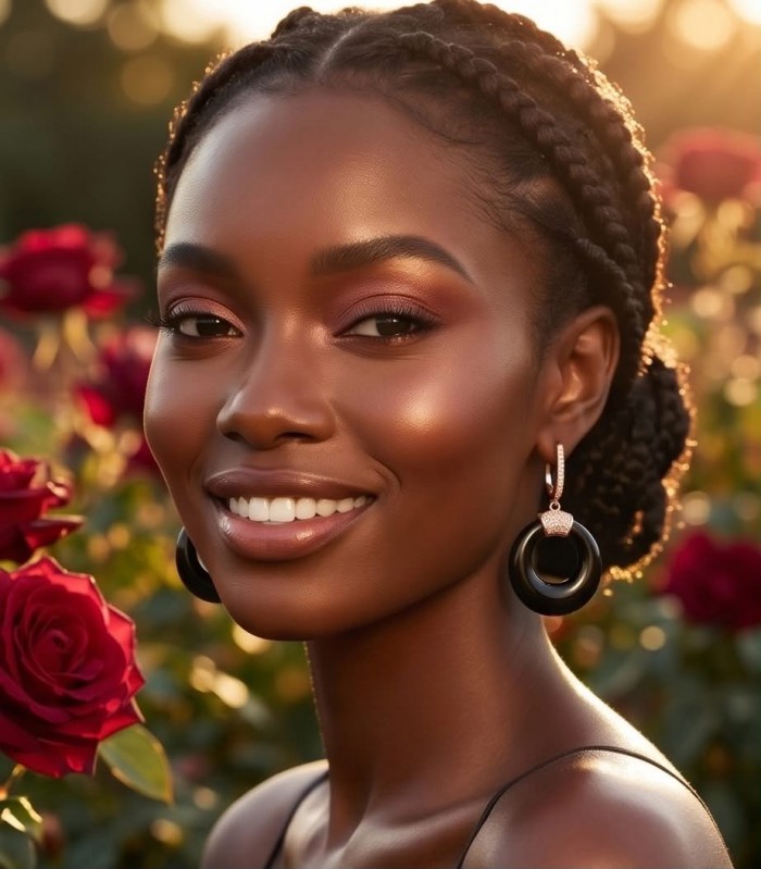 Outstanding authentic Onyx .925 Sterling Silver dipped in 18K Rose Gold Earrings - Woman wearing Onyx earrings in garden setting.