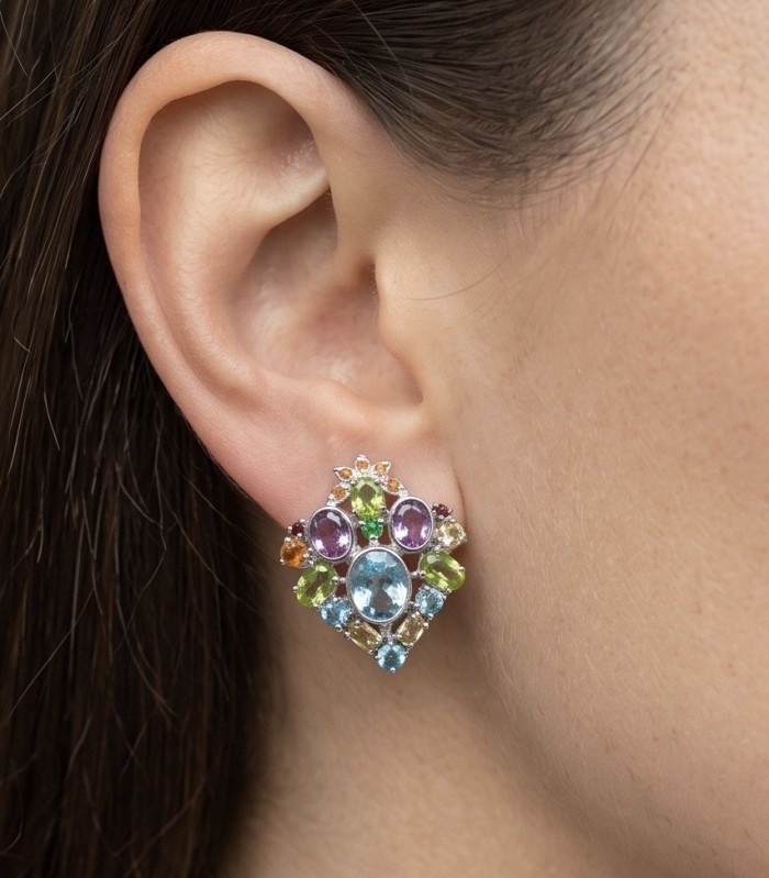 Atlantica 33.7 carat Swiss Blue Topaz .925 Sterling Silver dipped in rhodium Handcrafted Statement Large earrings - Worn on ear, Atlantica 33.7 ct Swiss Blue Topaz Sterling Silver earring