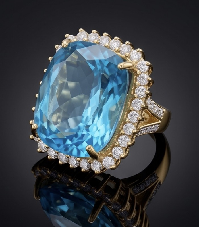 The Ocean Empress 57.8 carat Swiss Blue Topaz 22K Gold over .925 Sterling Silver dipped in rhodium handcrafted ring size 6 - Swiss Blue Topaz ring, stone close-up, surrounded by diamonds, gold setting