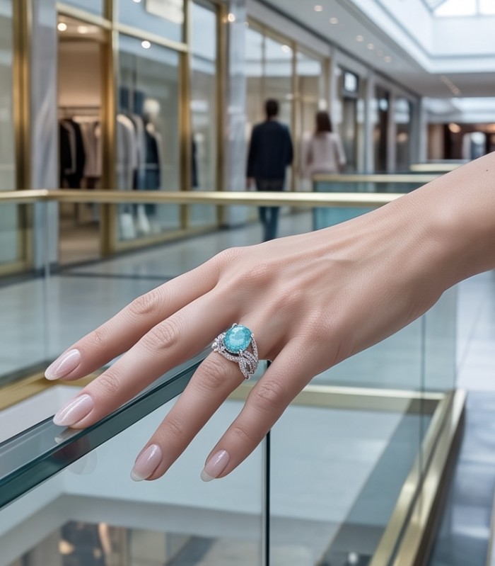 Oceania 14.5 carat Paraiba Tourmaline .925 Sterling Silver Handcrafted Ring size 7 1/2 - Paraiba Tourmaline ring worn on hand in a shopping mall setting.