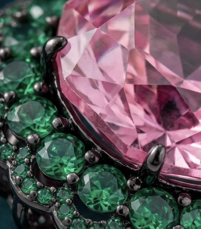 Big Dreamer 29.8 carat Pink Mystic Topaz black rhodium over .925 Sterling Silver handcrafted Large ring size 7 adjustable - Close-up of 29.8 carat pink topaz with emerald accents in black rhodium