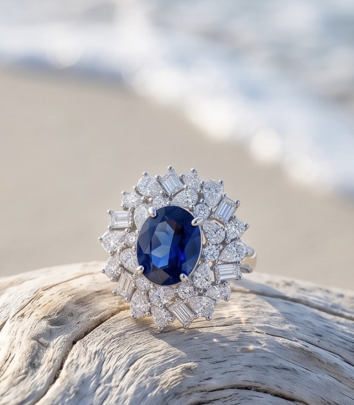 Authentic 5.5 carat Kyanite Moissanite .925 Sterling Silver handcrafted Ring size 5 1/4 - Kyanite ring close-up on driftwood, showcasing stones and detail.