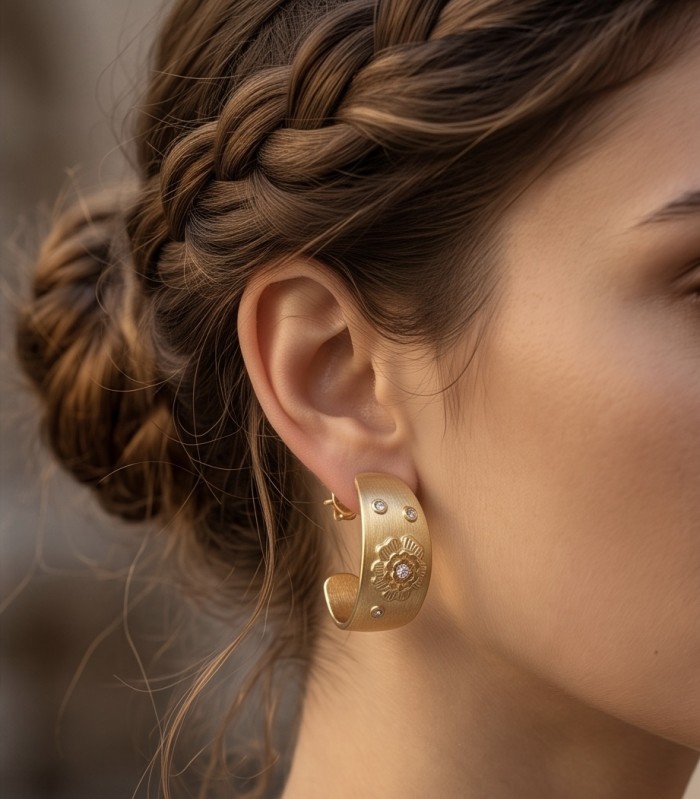 Dubai Style - .925 Sterling Silver dipped in 22K Gold handmade Earrings - Side view of gold hoop earring with floral design worn on ear.